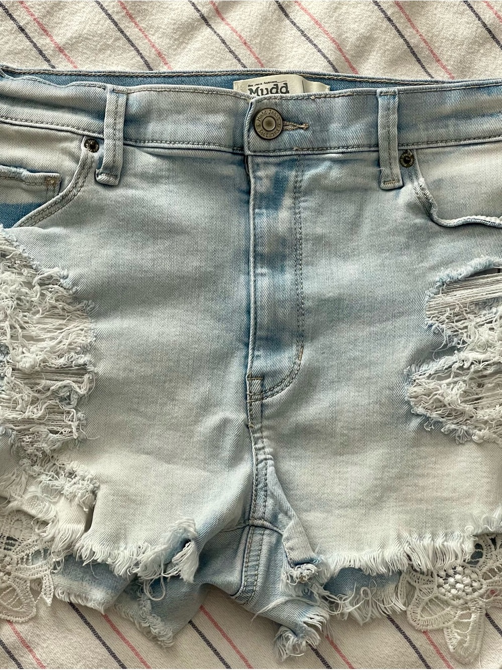 Mudd Light Blue Distressed Lace-Trim Jean Shorts